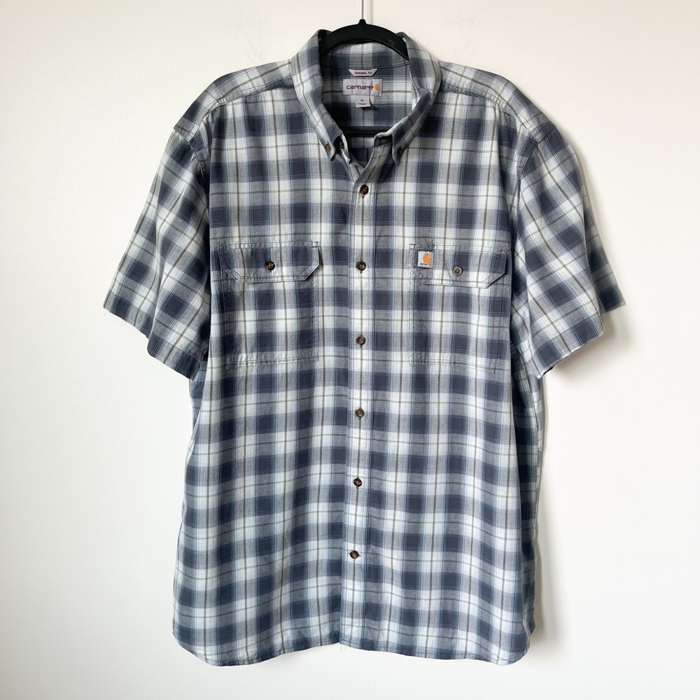 Carhartt Mens Short Sleeve Button Down Work Shirt Blue Plaid XL